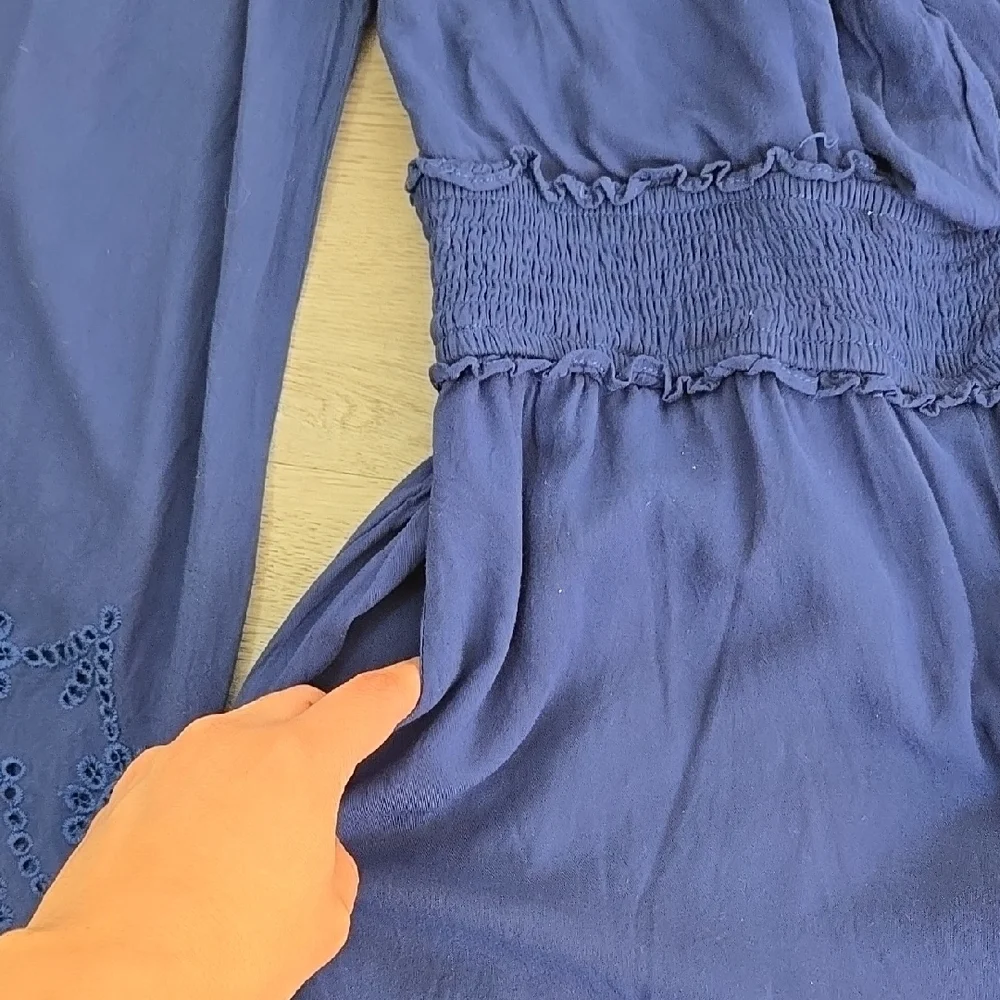 Francesca's Blue Rain Navy Embroidered Long sleeve Romper Size L